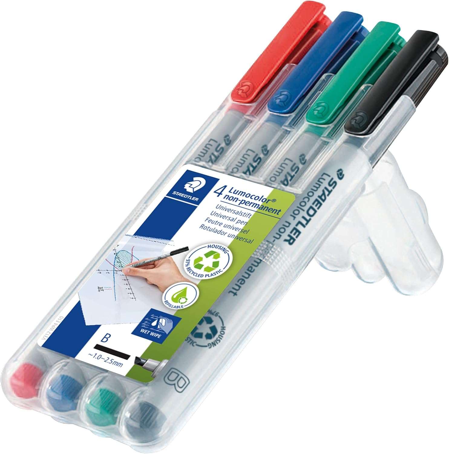 Staedtler Lumocolor OHP Non-Permanent Universal Marker Pens, Broad Chisel 1.0 mm, Smooth & Broad Lines, Comfortable Grip, Ideal for Marking & Writing, Assorted Colors - Pack of 4 1