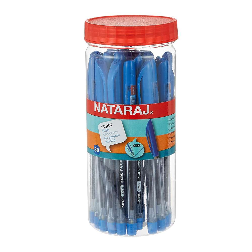 Nataraj Super Fine Ball Pen, Blue Ink 0.7mm – Jar of 30 0