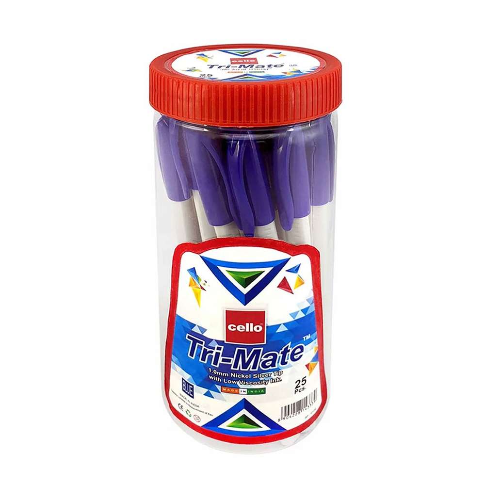 Cello Tri-Mate Ball Pen, 1.0mm Tip, Low-Viscosity Ink, Triangular Grip, Smooth Bold Lines, Consistent Flow, Ideal for School & Office Use, Blue - Jar of 25 0