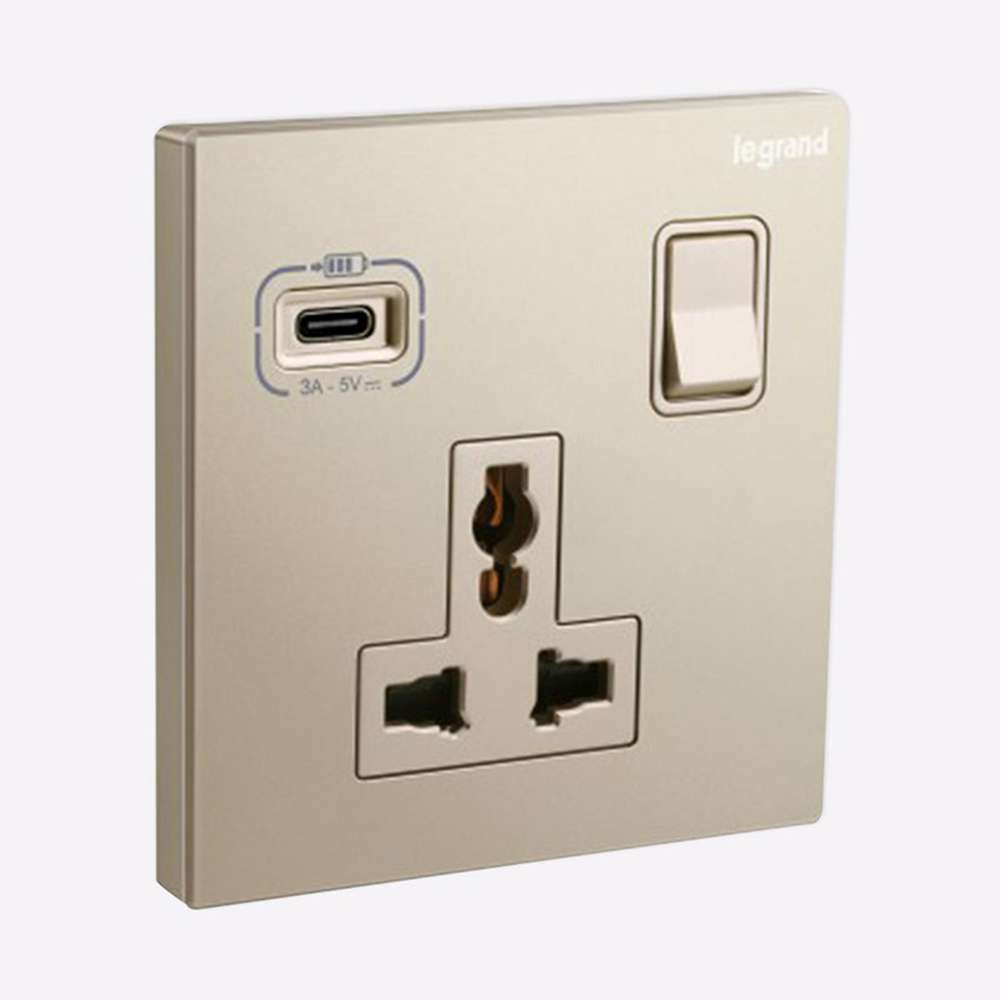 Legrand Galion 1-Gang Multistandard Switched Socket with USB-Type-C, Suitable for Office & Hotels - Champagne