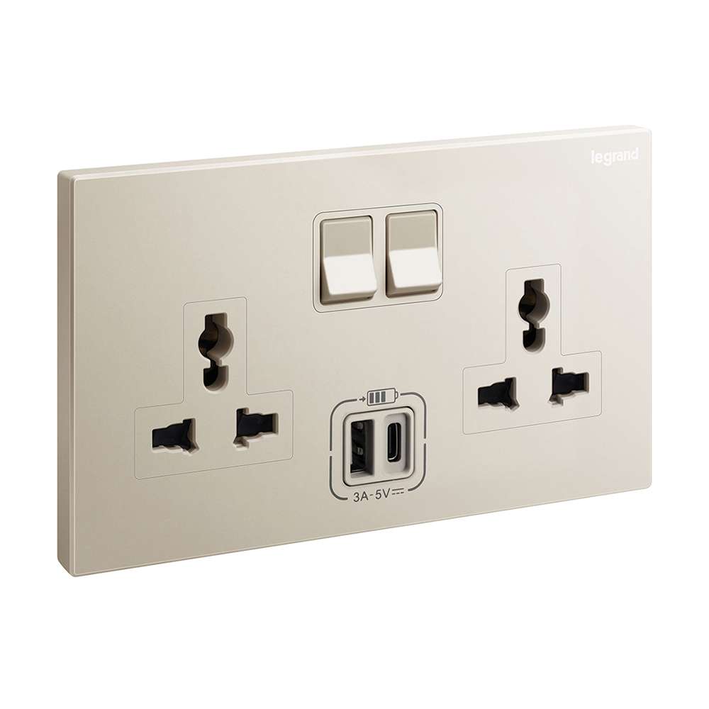 Legrand Galion 2-Gang Universal Switched Socket with USB-A & USB-C, Twin Universal & Charge, Suitable for Home - Champagne