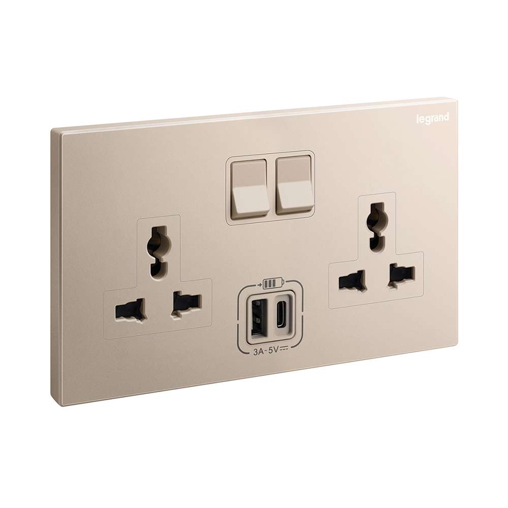 Legrand Galion 2-Gang Universal Switched Socket with USB-A & USB-C, Twin Universal & Charge, Suitable for Home - Rose Gold 0