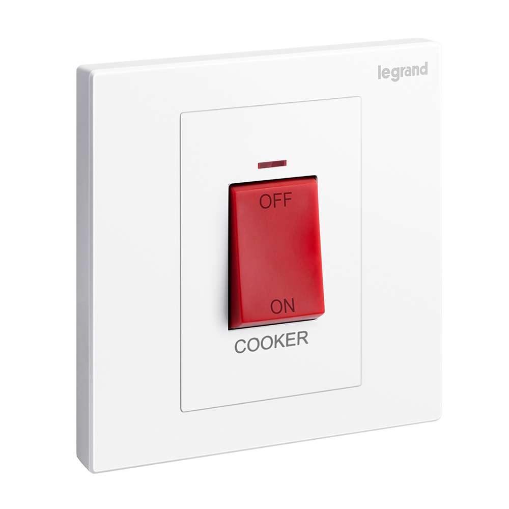 Legrand Galion 45A Double Pole Switch with LED & Red Indicator (3×3) Labeled Cooker Isolator, Suitable for Home - White 0