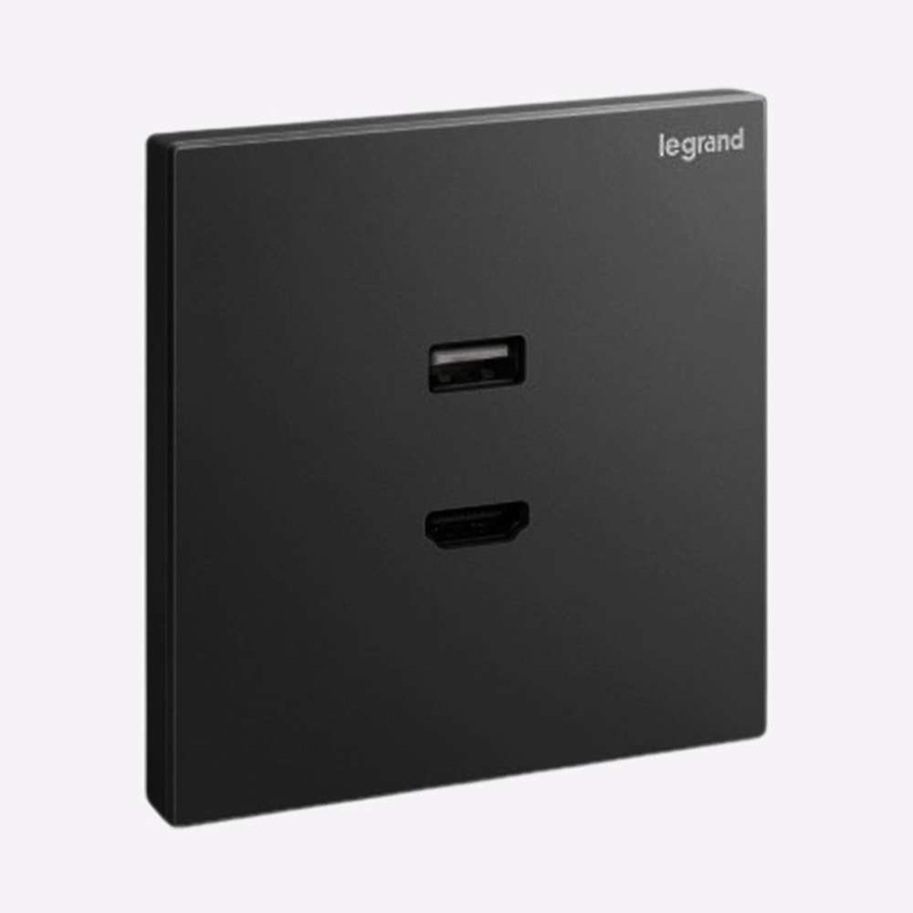 Legrand Galion USB-A & HDMI Socket, 1-Gang, Media Passthrough Plate, Suitable for Office & Home - Black