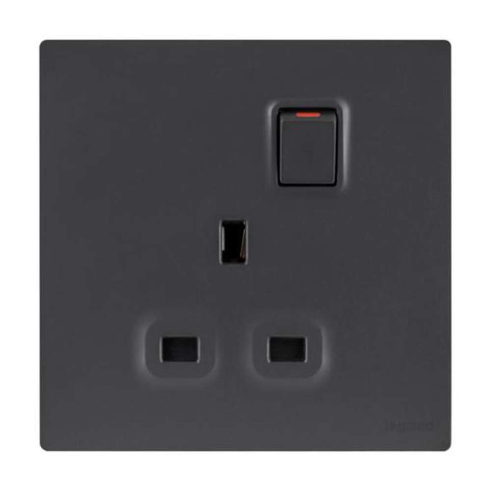 Legrand Mallia Senses 13A 1 Gang Single Pole Switched Socket, Single Outlet, Premium Finish, Suitable for Home & Office - Matt Black 1