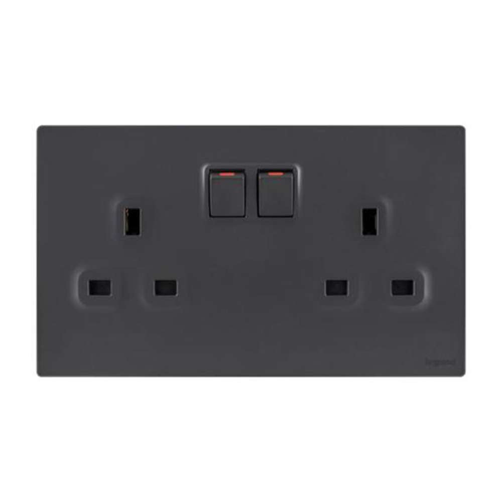 Legrand Mallia Senses 13A 2 Gang Single Pole Switched Socket, Dual Outlets, Premium Finish, Suitable for Modern Interior – Matt Black 1