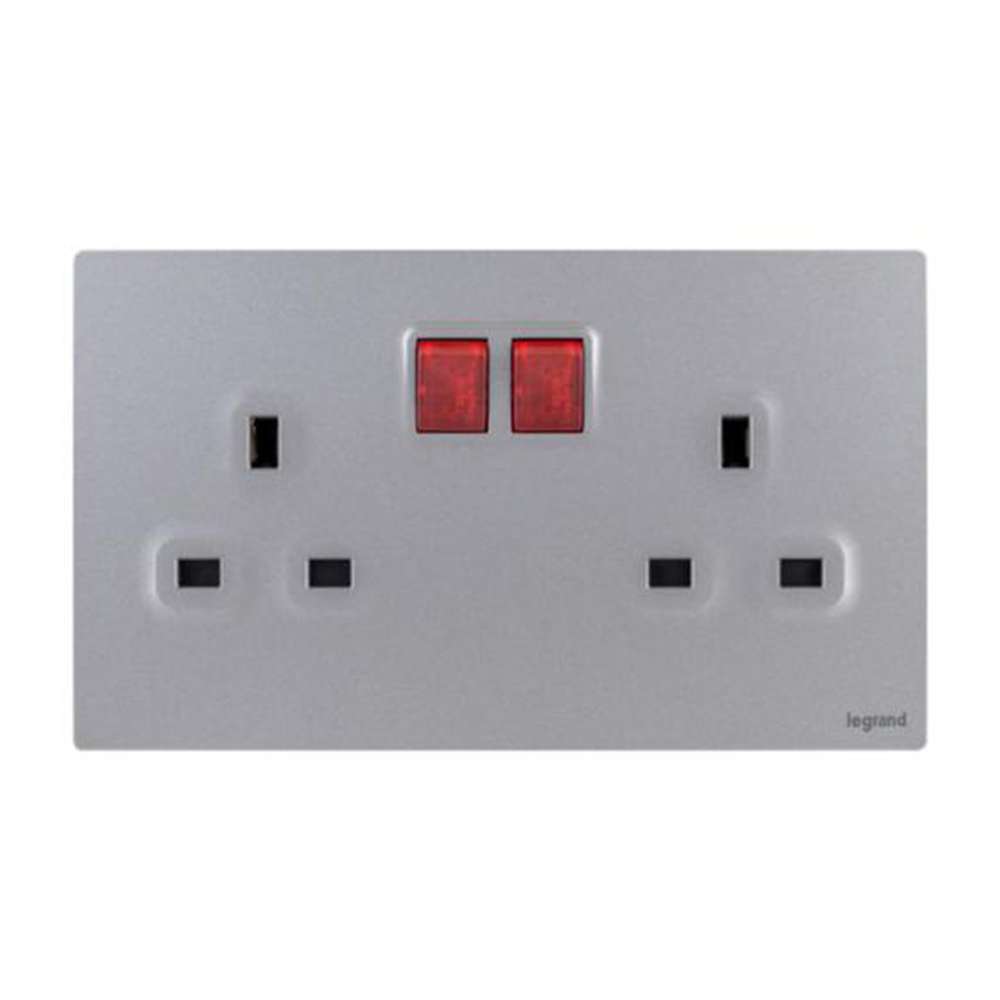 Legrand Mallia Senses 13A 2 Gang Single Pole Switched Socket with LED, Dual Outlets with Status Cue, Premium Finish, Suitable for Modern Interior – Dark Silver 1