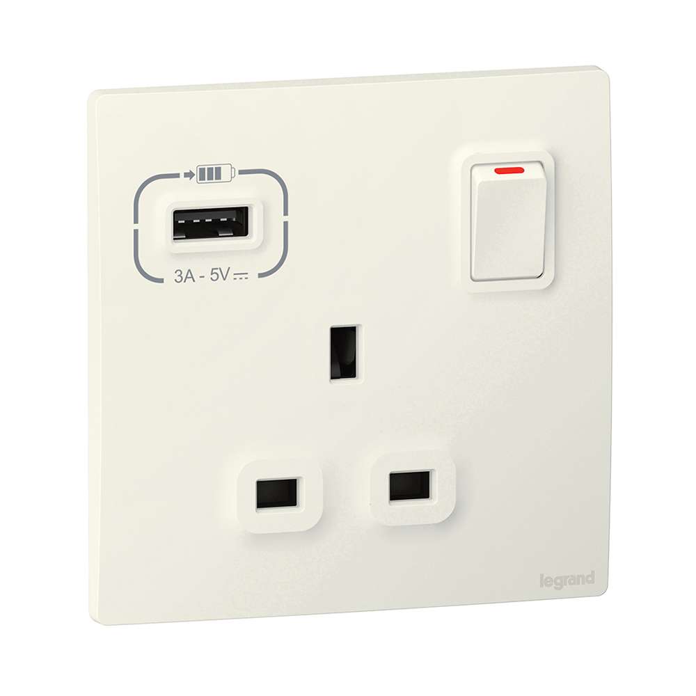Legrand Mallia Senses 1 Gang 13A Single Pole Switched Socket with USB-A, Charge & Power, Suitable for Office – White