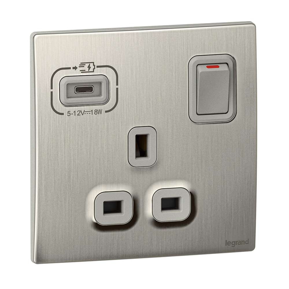 Legrand Mallia Senses 1 Gang 13A Single Pole Switched Socket with USB-C, Charge & Power, Suitable for Office – White 0