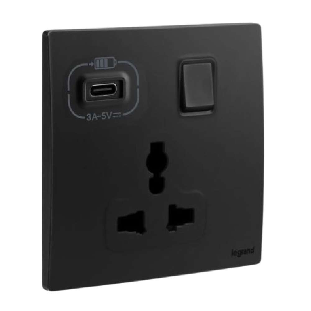 Legrand Mallia Senses 1 Gang Multistandard Switched Socket with USB-A, Universal & Charging, Suitable for Office – Matt Black 0