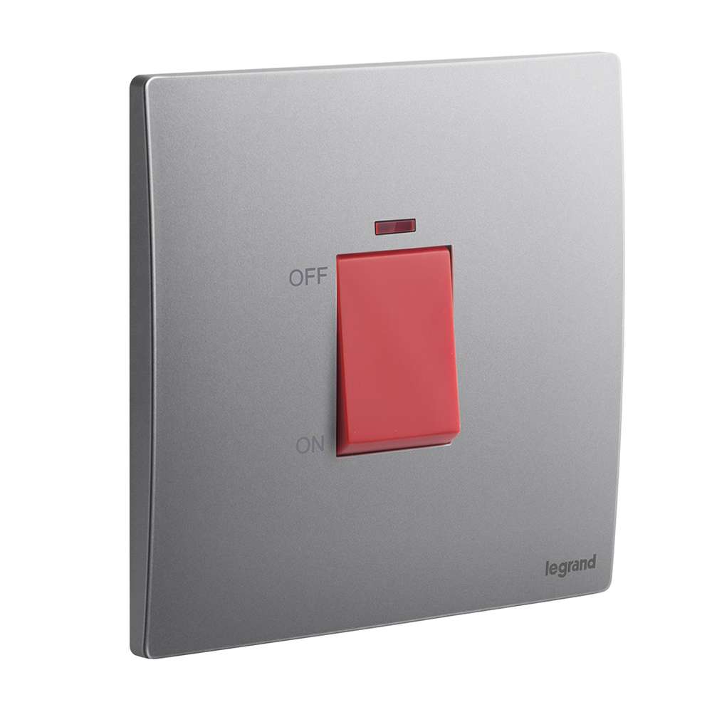 Legrand Mallia Senses 45A Double Pole Switch with LED (3×3), High-load, Safer Isolation, Suitable for Office Load - Dark Silver 0