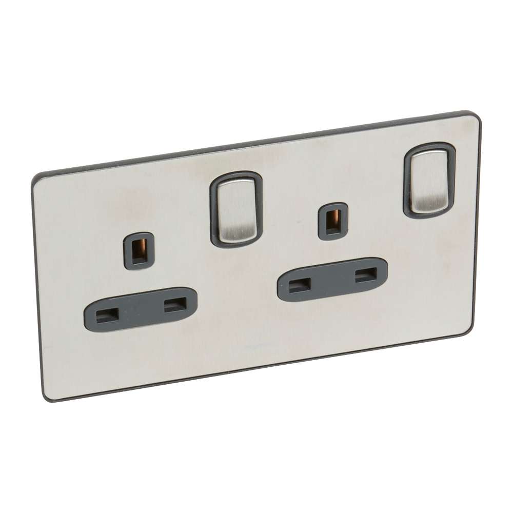 Legrand Synergy Sleek 13A Double Switched Socket, Premium Twin Outlets, Suitable for Hotels & Office – Brushed Stainless 0