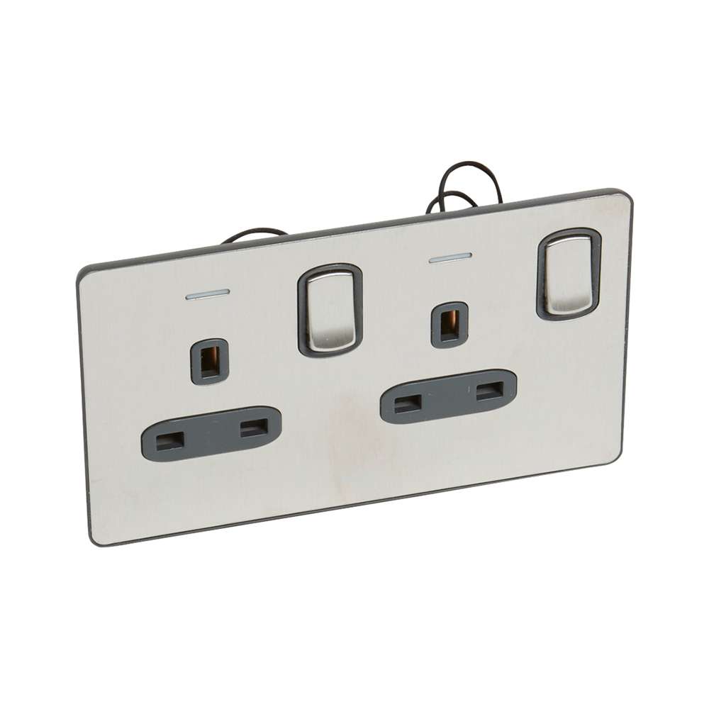 Legrand Synergy Sleek 13A Double Switched Socket with LED, Premium Twin Outlets, Suitable for Hotels & Office – Brushed Stainless 0