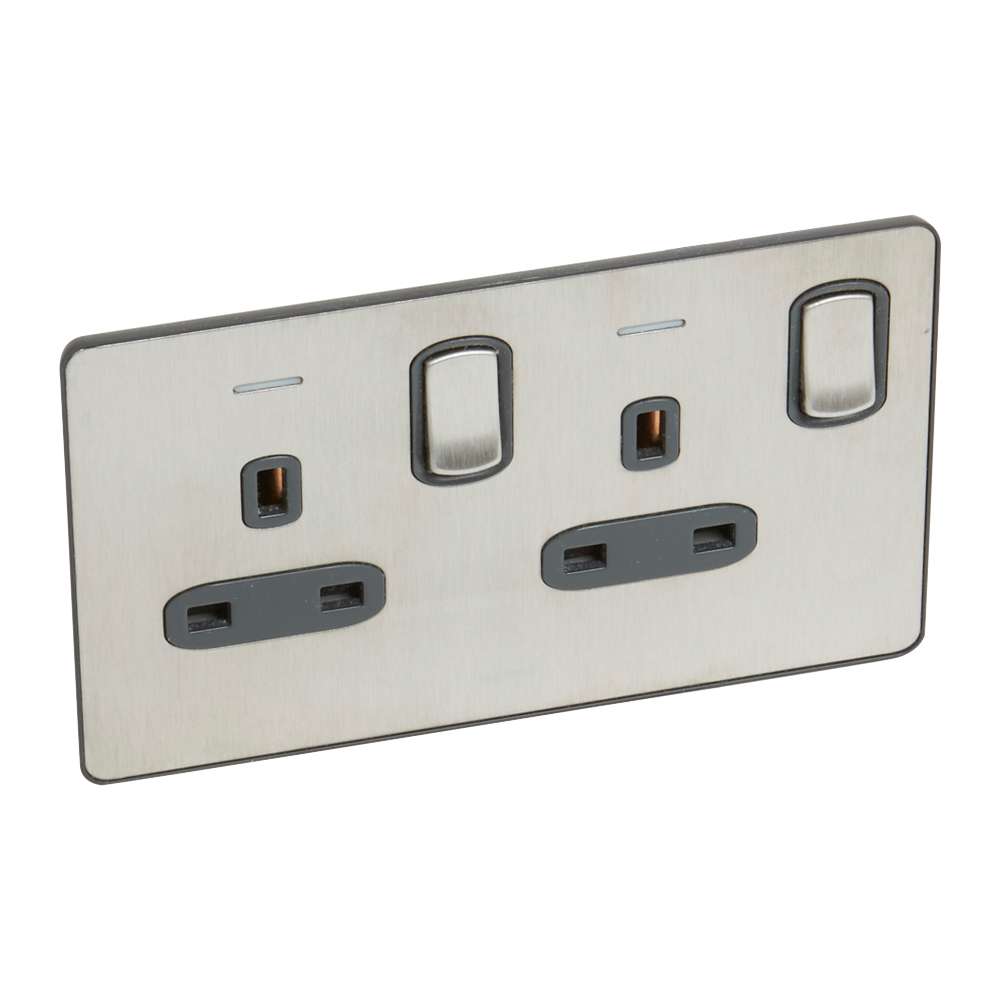 Legrand Synergy Sleek 13A Double Pole Double Switched Socket with LED, Safer Twin Outlets, Suitable for Office – Brushed Stainless 0