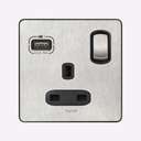 Legrand Synergy Sleek 1-Gang 13A Single Pole Switched Socket with USB-A Brushed Stainless 832078A 0