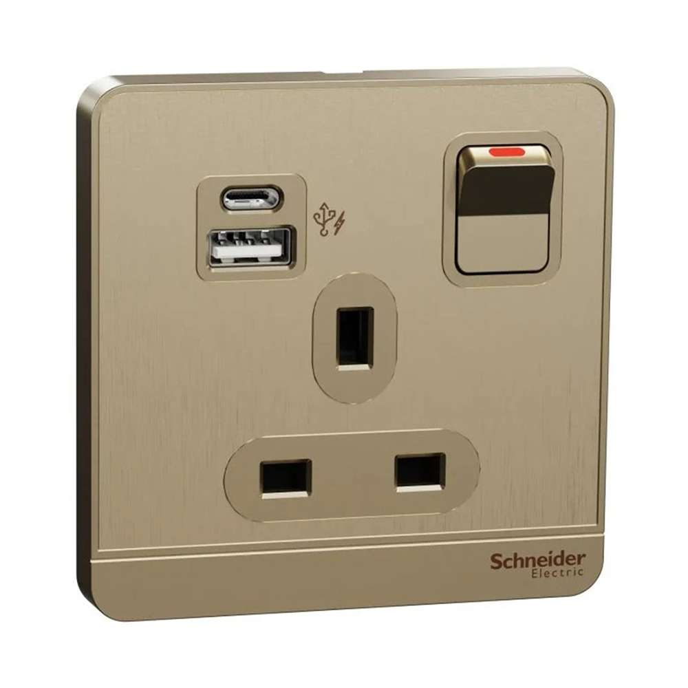 Schneider Electric AvatarOn 13A Single Switched Socket with A+C USB Charger, Gold Hairline 0