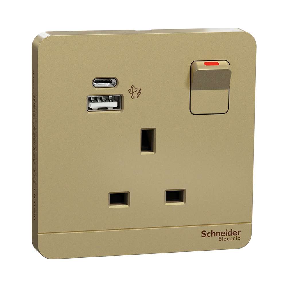 Schneider Electric AvatarOn 13A Single Switched Socket with A+C USB Charger, Wine Gold