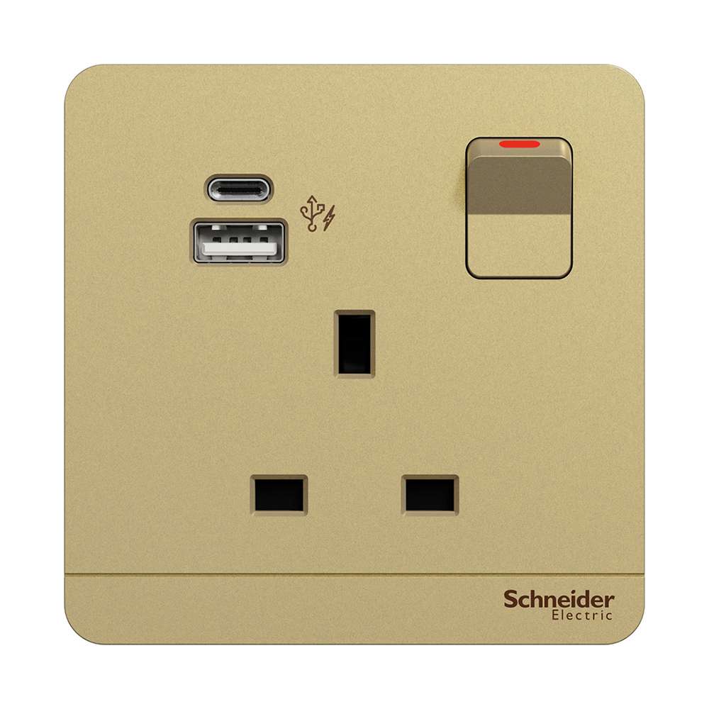 Schneider Electric AvatarOn 13A Single Switched Socket with A+C USB Charger, Wine Gold 1