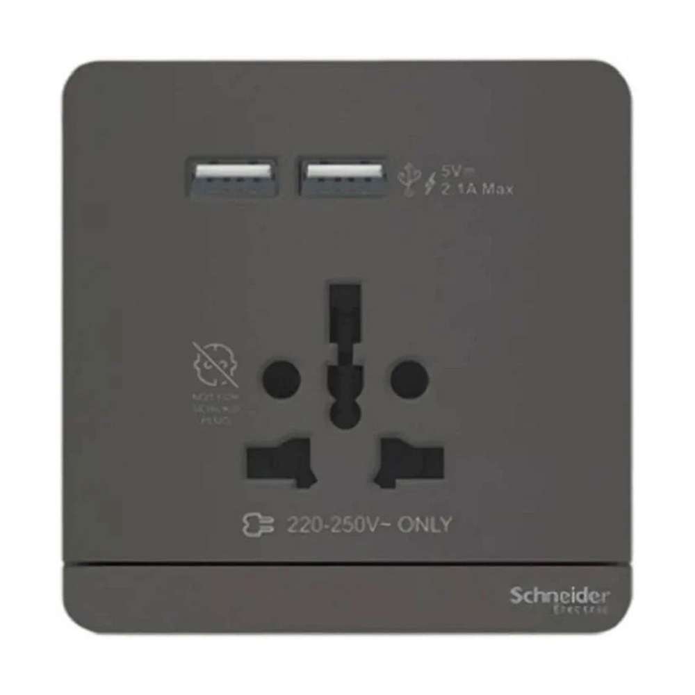 Schneider Electric AvatarOn 16A 1-Gang International Socket with USB, Dark Grey, Shuttered & Integrated Charging 0