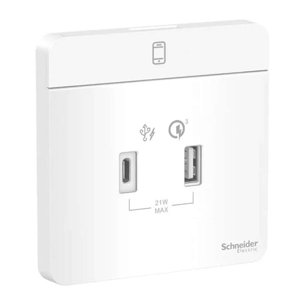Schneider Electric AvatarOn USB Charger, Dual USB‑A + USB‑C, White, Clean Aesthetic, Flush-Mount