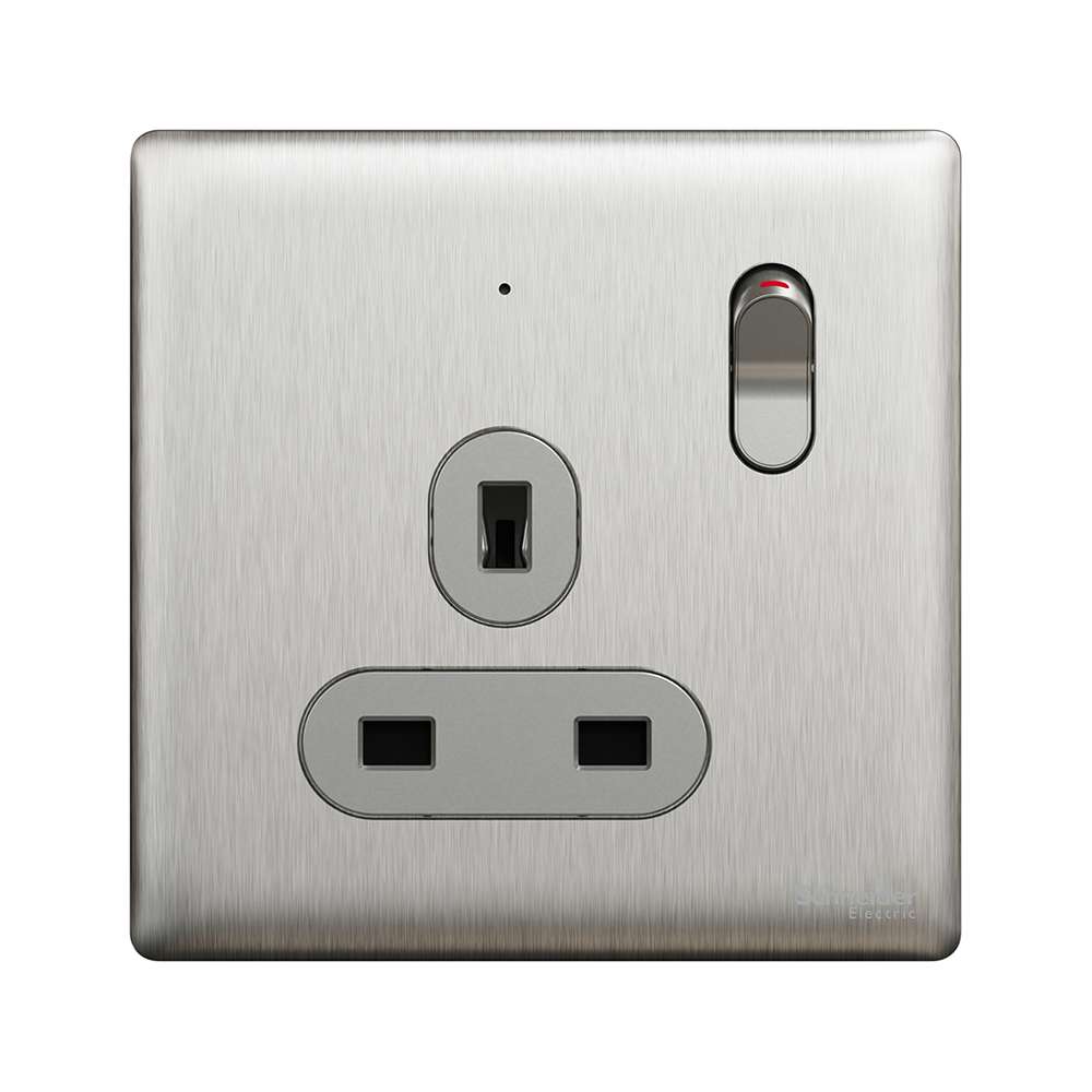 Schneider Electric UnicaX 13A 250V 1-Gang Switched Socket with LED, Stainless Steel 0