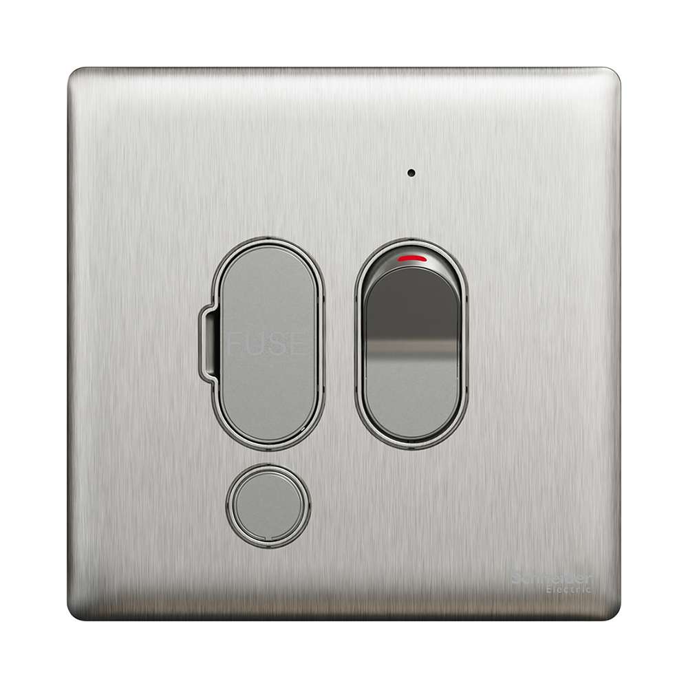 Schneider Electric UnicaX 13A Switched Fused Spur with Neon, Safety Isolation, Stainless Steel, Flush-Mount 0