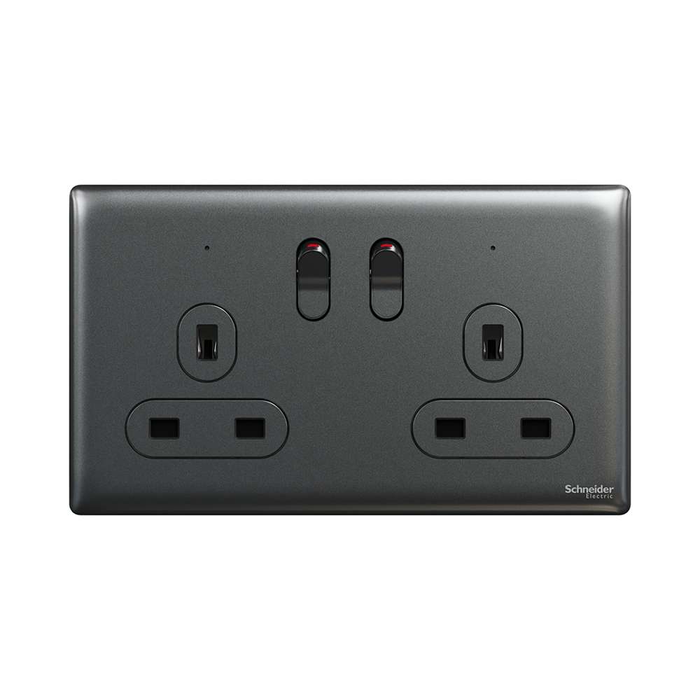 Schneider Electric UnicaX 13A 250V Twin-Gang Switched Socket with LED, Dark Grey
