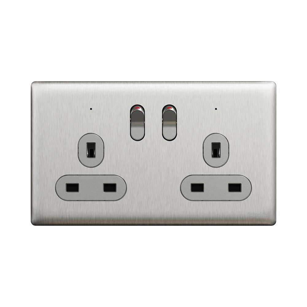 Schneider Electric UnicaX 13A 250V Twin-Gang Switched Socket with LED, Stainless Steel 0