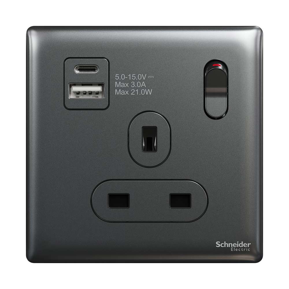 Schneider Electric UnicaX 13A Single Switched Socket with A+C USB Charger, Dark Grey 1