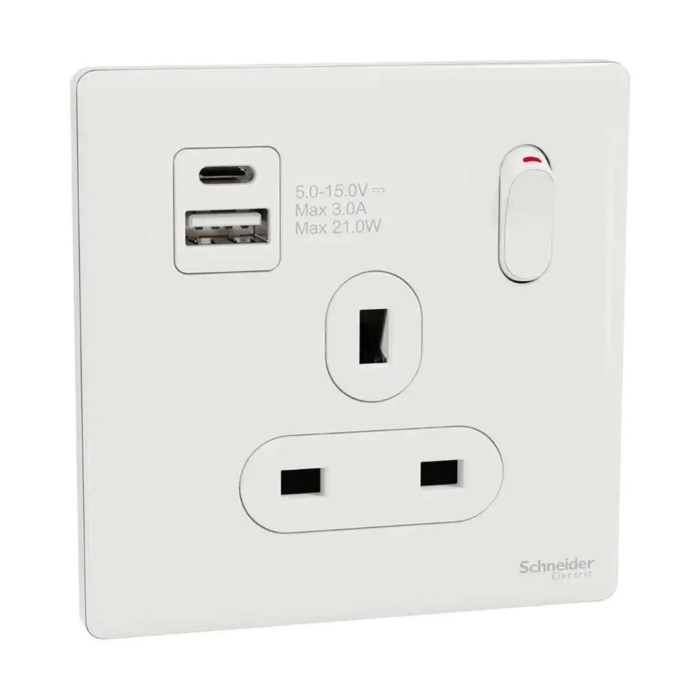 Schneider Electric UnicaX 13A Single Switched Socket with A+C USB Charger, Painted White 0
