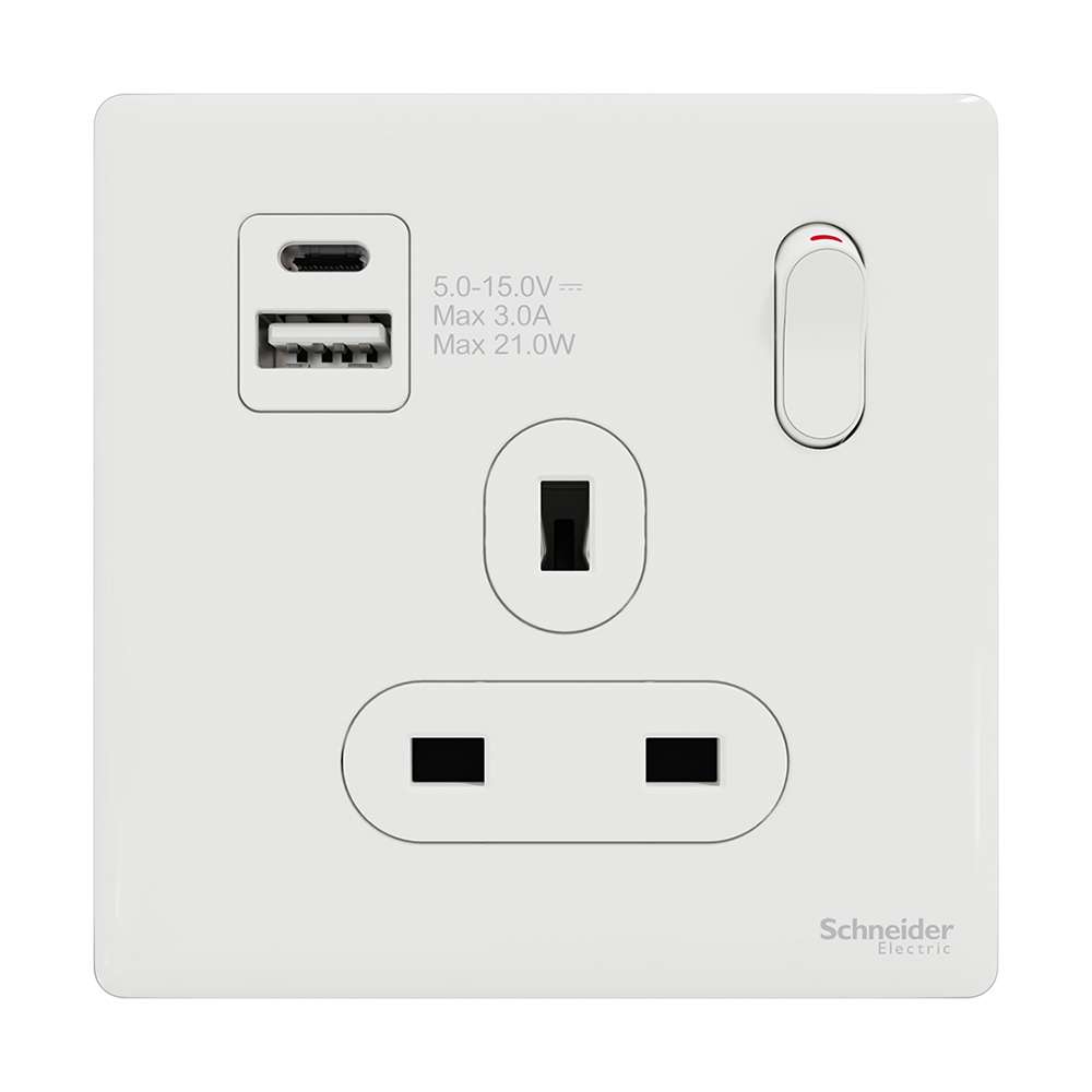 Schneider Electric UnicaX 13A Single Switched Socket with A+C USB Charger, Painted White 1