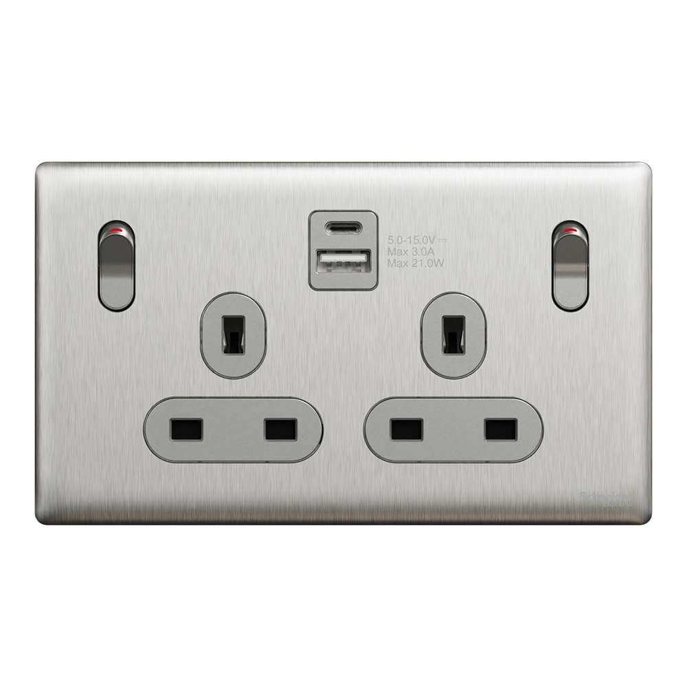 Schneider Electric UnicaX 13A Twin Switched Socket with A+C USB Charger, Stainless Steel 0