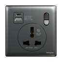 Schneider Electric UnicaX 16A 1-Gang International Socket with USB, Dark Grey, Shuttered & Integrated Charging 1