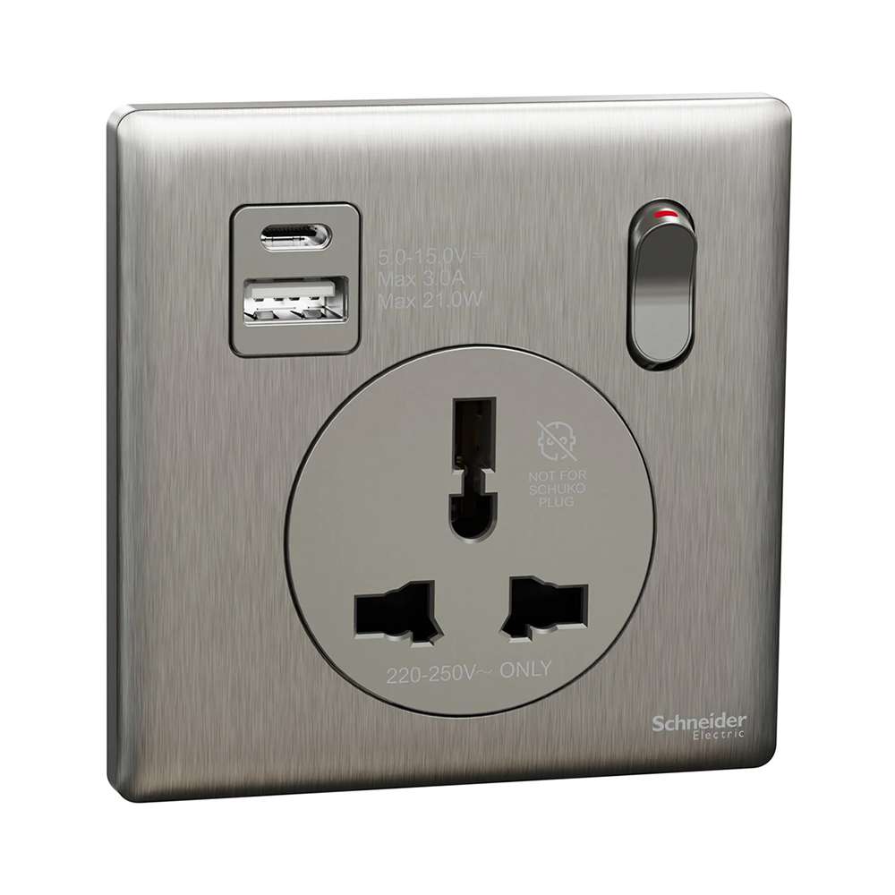 Schneider Electric UnicaX 16A 1-Gang International Socket with USB, Stainless Steel, Shuttered & Integrated Charging