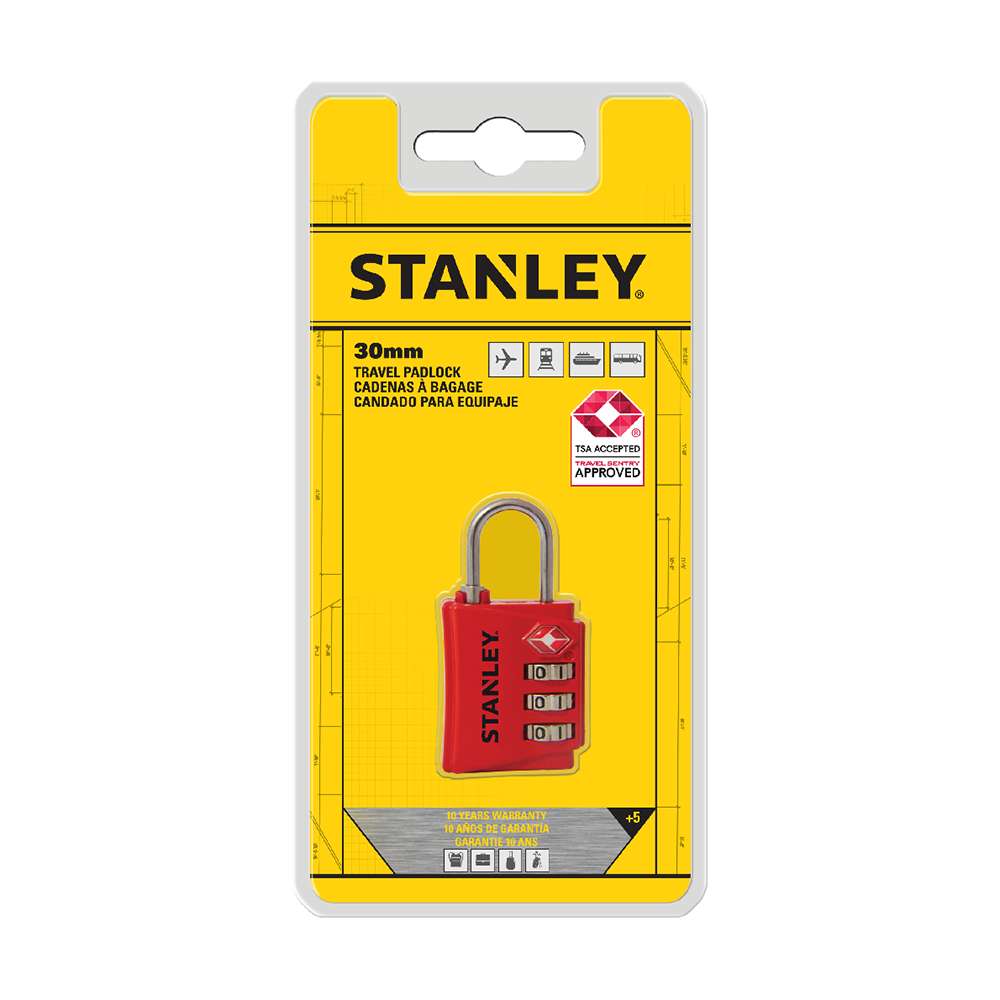 Stanley Padlock Zinc 30mm 3-Digit Combination TSA Red 3