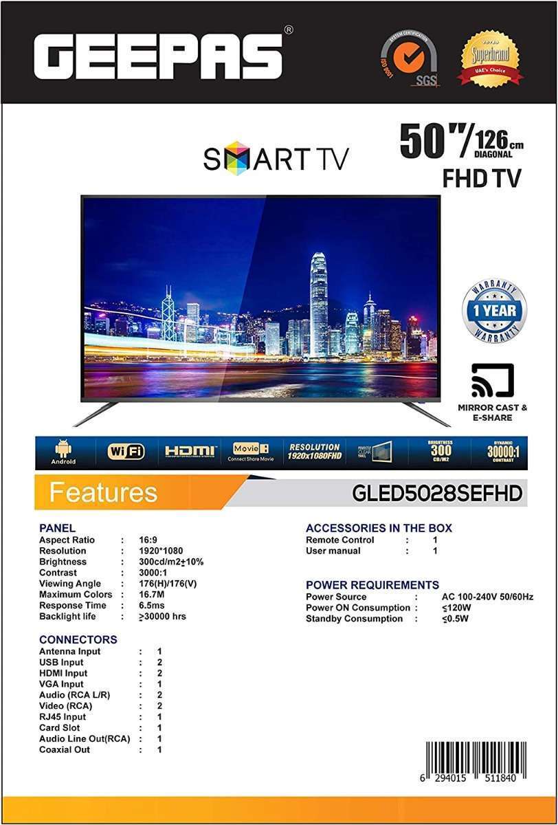 Geepas 50" Android 8.0 Smart LED TV Slim Led with 2 HDMI 2 Hi-High USB Ports Wifi with E-Share & Mirror Cast 7