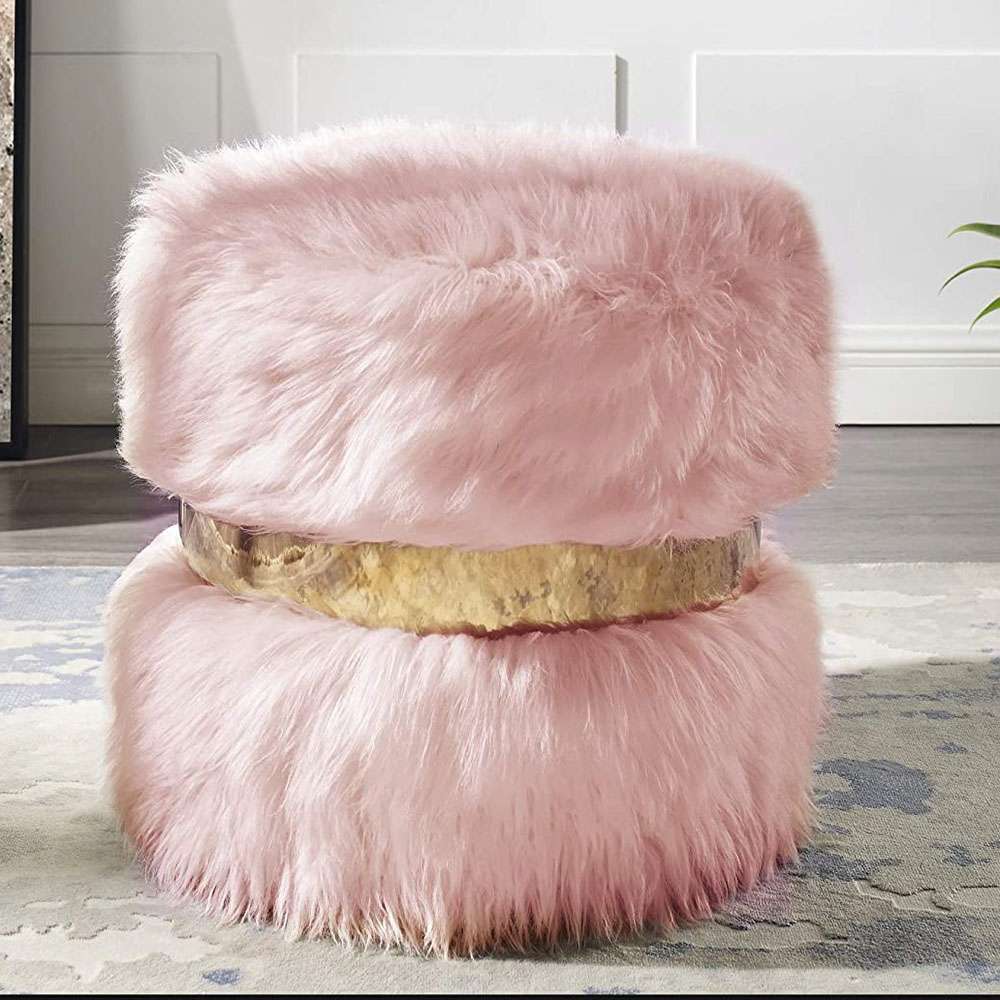 Ottoman Stool Pink Faux Fur with Gold Polished Band 2