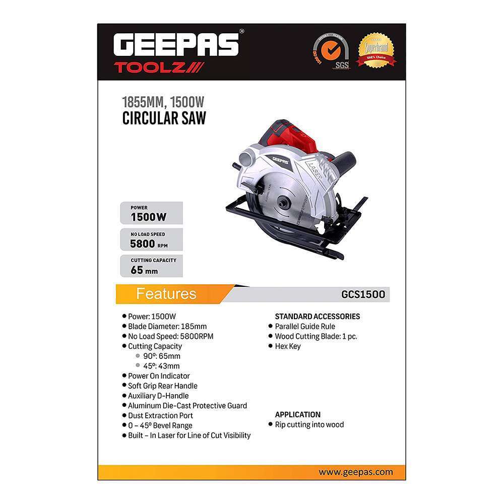 المنشار الدائري متعدد المهام من (Geepas ) قياس (185mm) استطاعة (1500W) متعدد المهام  لتقطيع الاخشاب و المعادن و البلاستيك (GCS1500-240) 5