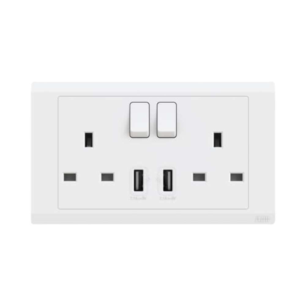 ABB 2 Gang 13Amp Switch Socket Double Pole with USB, Inora BL262, White 0