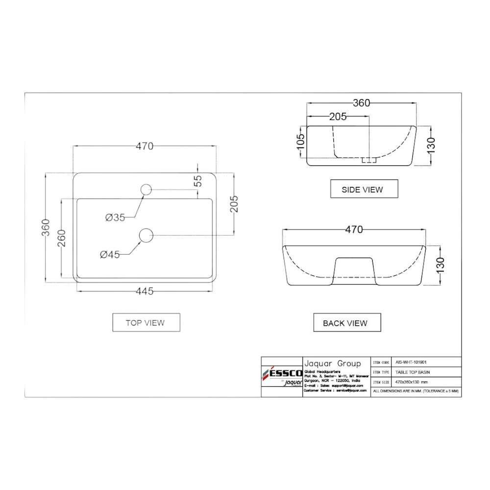 Essco Jaquar (AIS-WHT-101901) 470 x 360 x 130 mm Table Top Basin - White 1