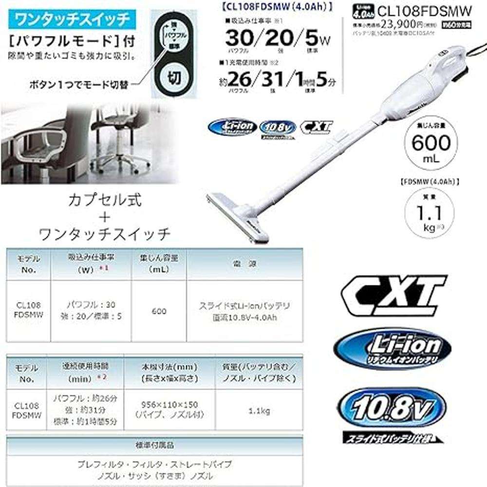 Makita CL108FDSMW CXT Cordless Cleaner Li-ion 12V 30W 0.6L Dust Capacity - White 2