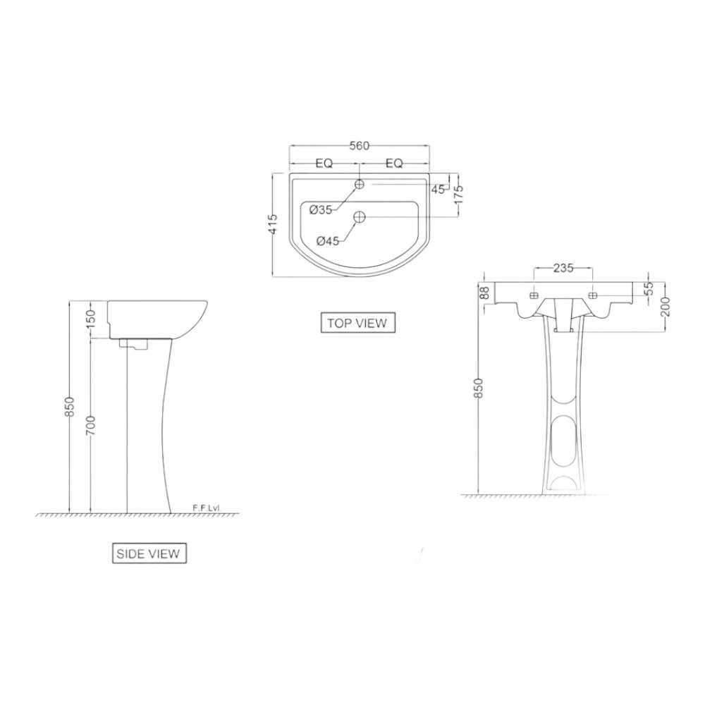 Jaquar (CNS-WHT-801 + CNS-WHT-301) 560 x 415 x 200 mm Full Pedestal Wall Hung Basin with Fixing Accessories - White 1