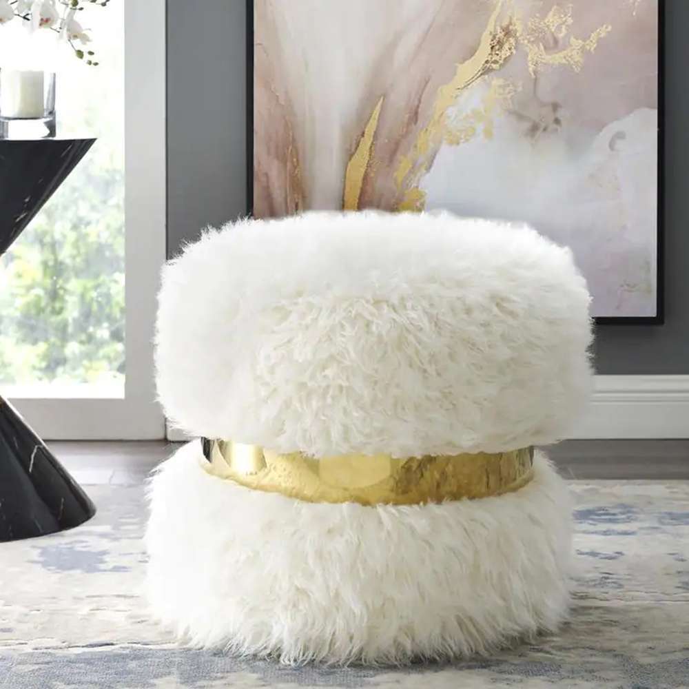 Ottoman Stool White Faux Fur with Gold Polished Band 2