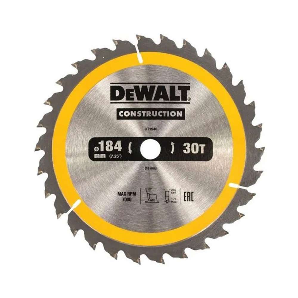 المنشار الدائري (DT1940-QZ) من (Dewalt) المكون من (30) سنناً بقطر (184mm) بسماكة (2.6mm) و بحجم تثبيت (16mm) و بزاوية أسنان (10DEG)  0