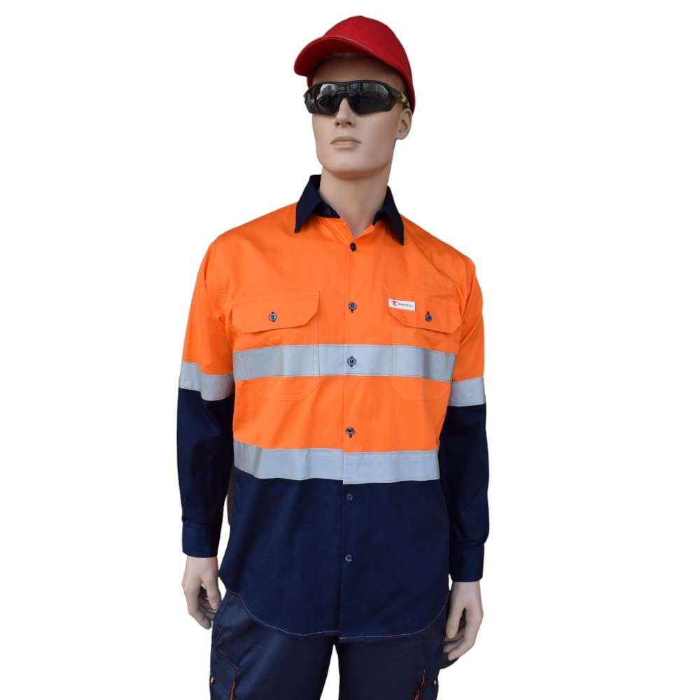 Empiral 100% Cotton Vented Long Sleeve Reflective Dual Tone Work Shirt, Orange/Navy 1
