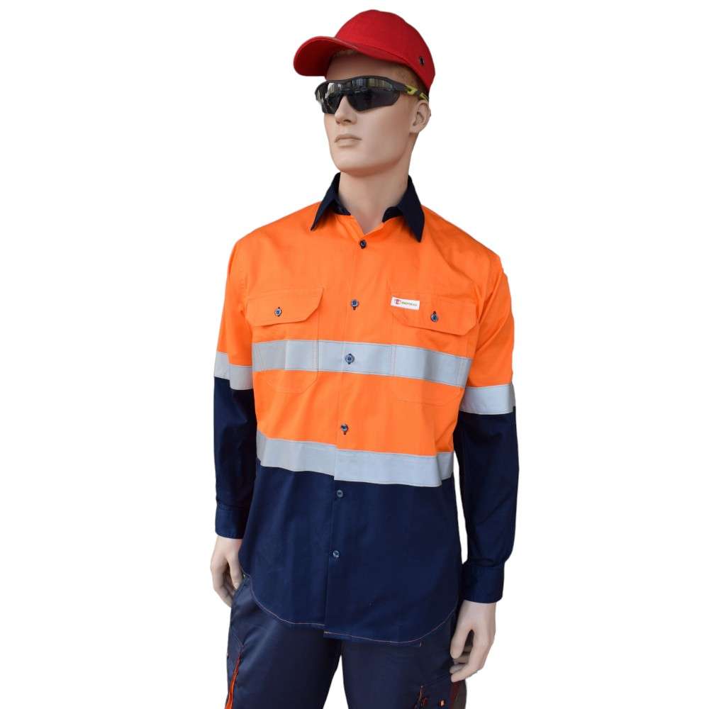 Empiral 100% Cotton Vented Long Sleeve Reflective Dual Tone Work Shirt, Orange/Navy 2