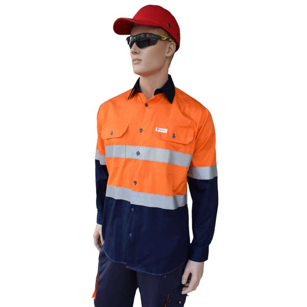 Empiral 100% Cotton Vented Long Sleeve Reflective Dual Tone Work Shirt, Orange/Navy 3