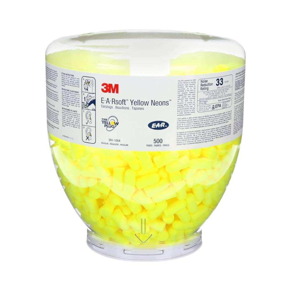3M 391-1004, yellow neon Uncorded Ear Plug with dispenser Jar 500Pairs/Box 0