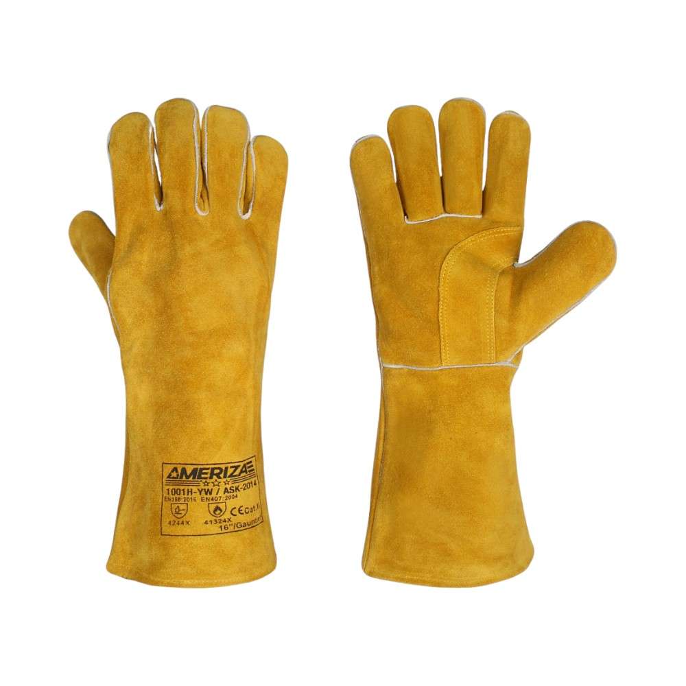Ameriza Split Leather Welding Gloves, Golden, Size16", 12Pairs/Pack
