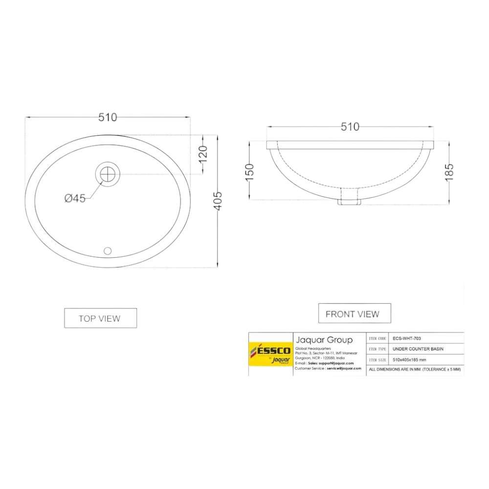Essco Jaquar (ECS-WHT-703) 510 x 405 x 185 mm Oval Shaped Under Counter Basin With Fixing Accessories - White 1